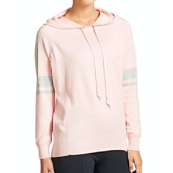 Athleta Tops - ATHLETA Rally Hoodie Sweater Light Baby Pink Gray Stripe Knit Hooded Sweatshirt
